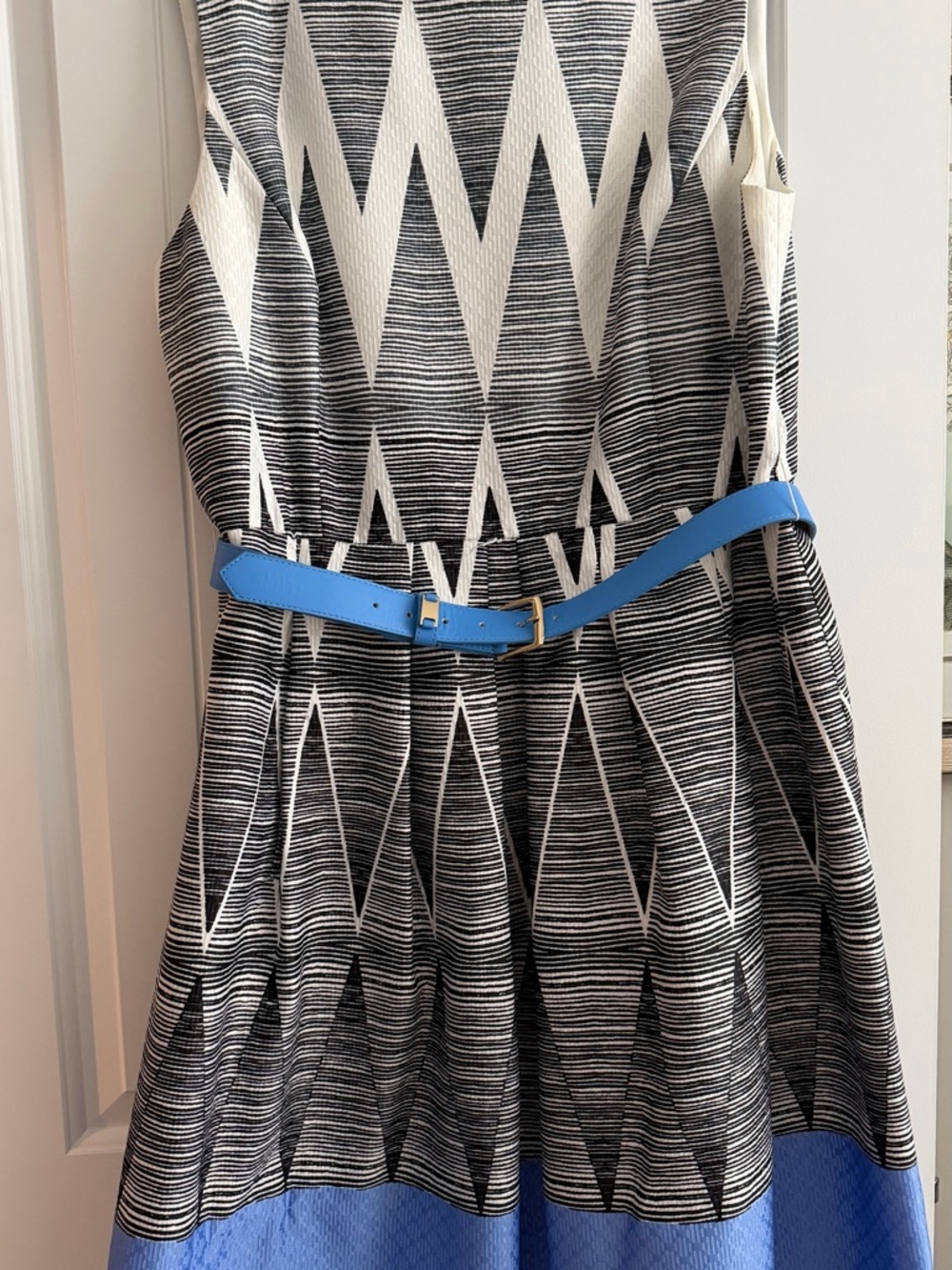 Tahari Black & White Geometric Midi Dress with Blue Trim
